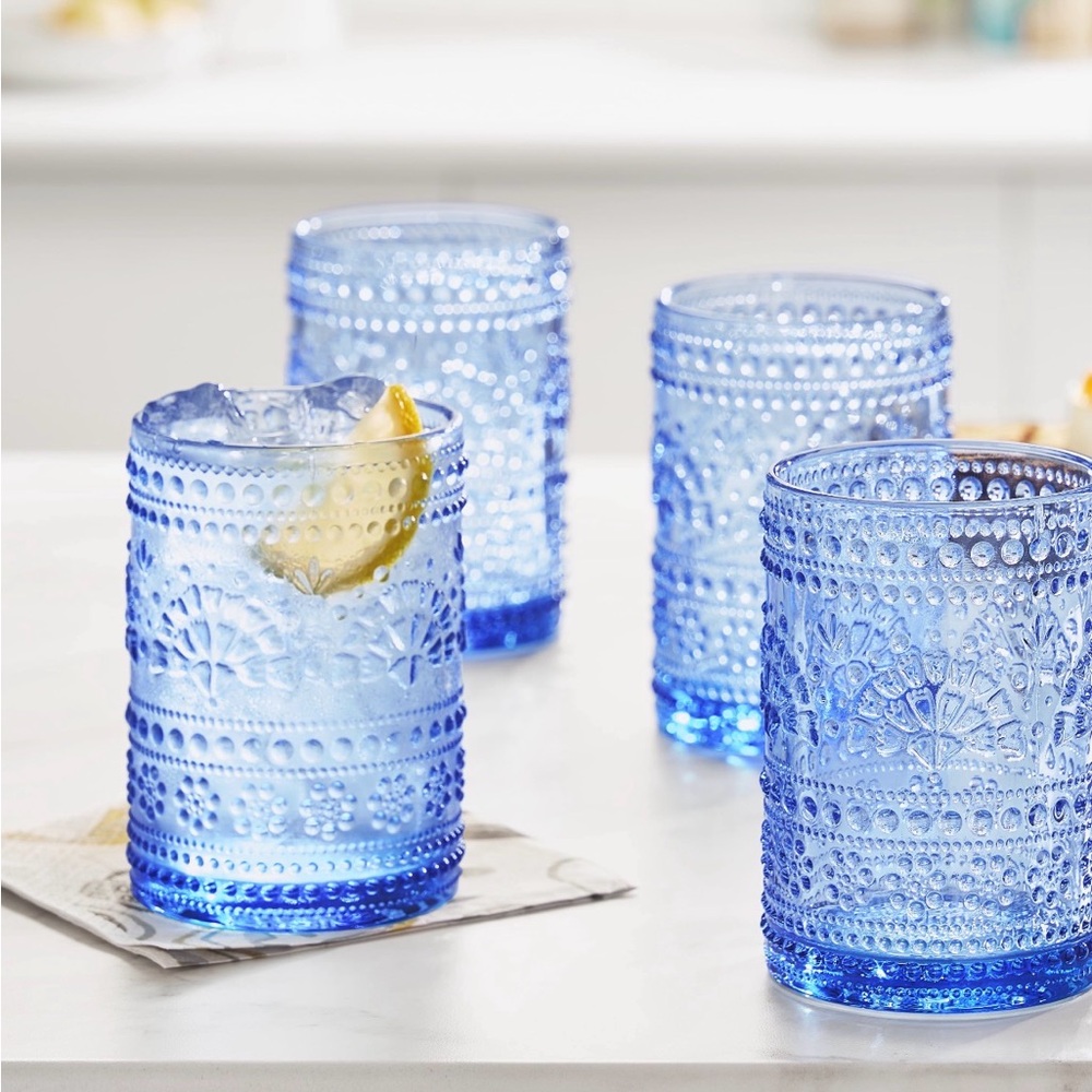 The Pioneer Woman Blue Embossed Glass Tumbler Set of 4   11 ounces